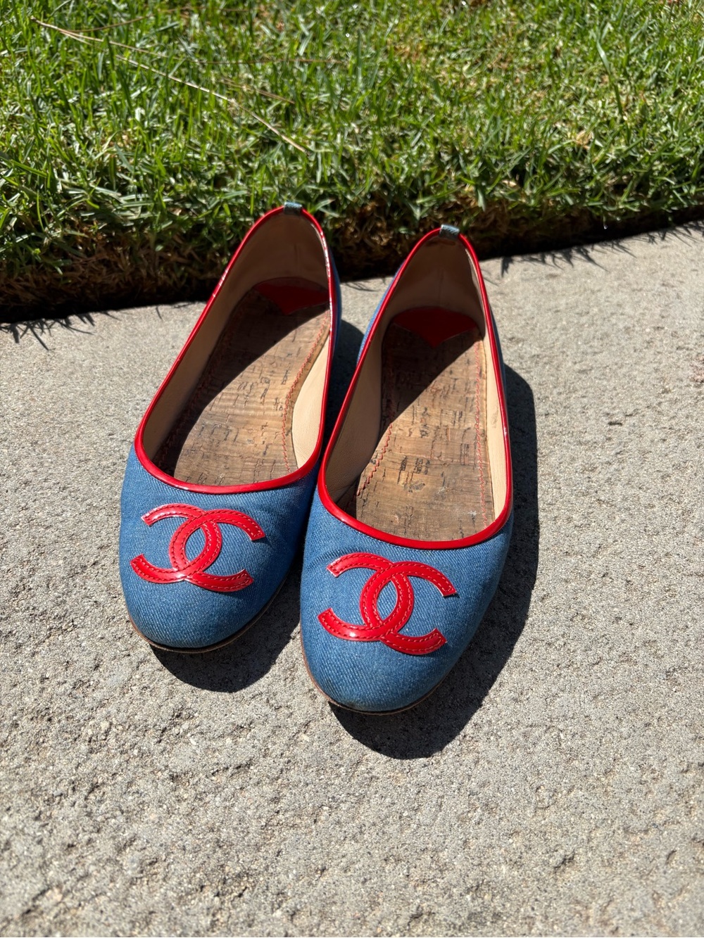Chanel Rare Blue Denim Ballet Flats with Red Trim